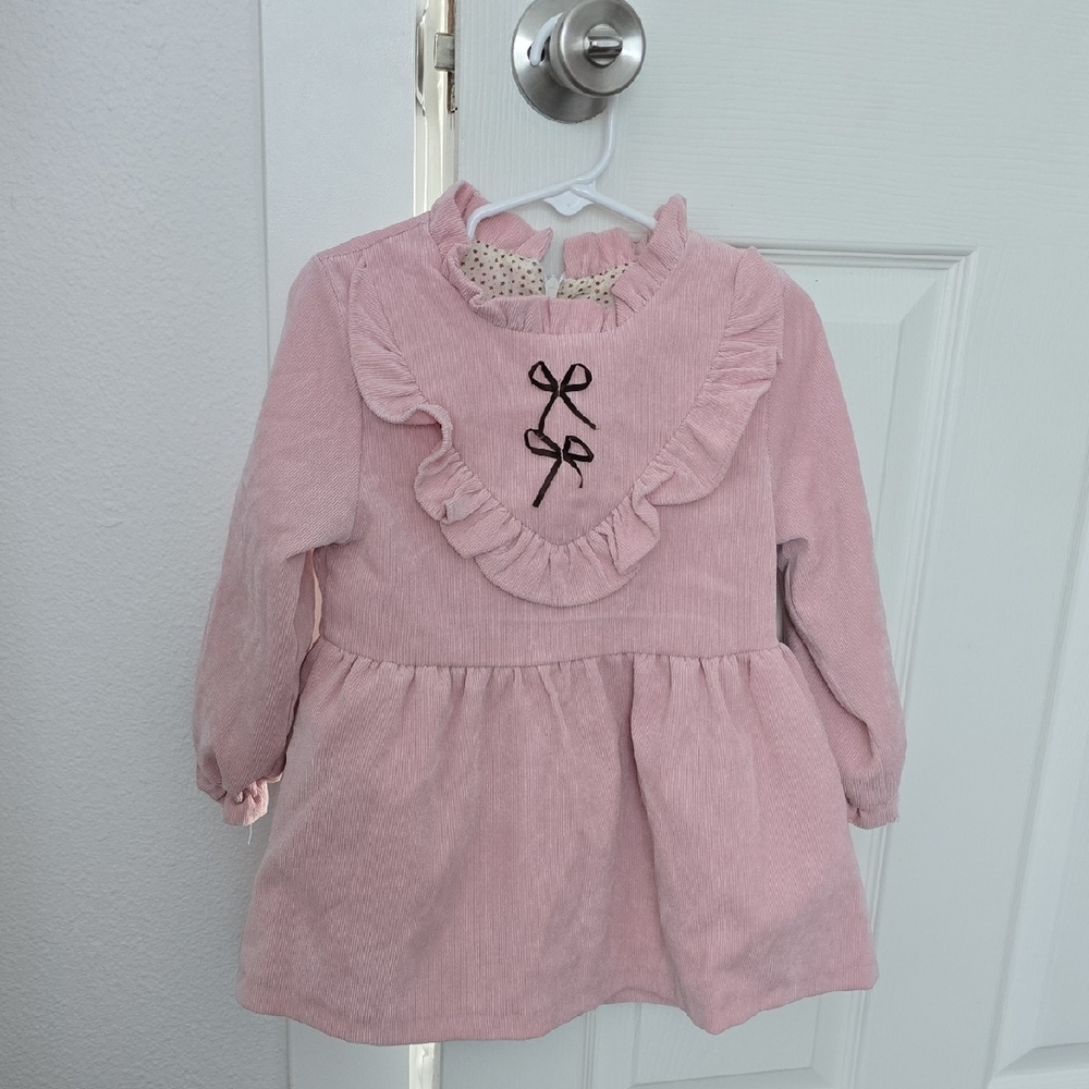 Pink Corduroy Baby Dress with Bow Detail